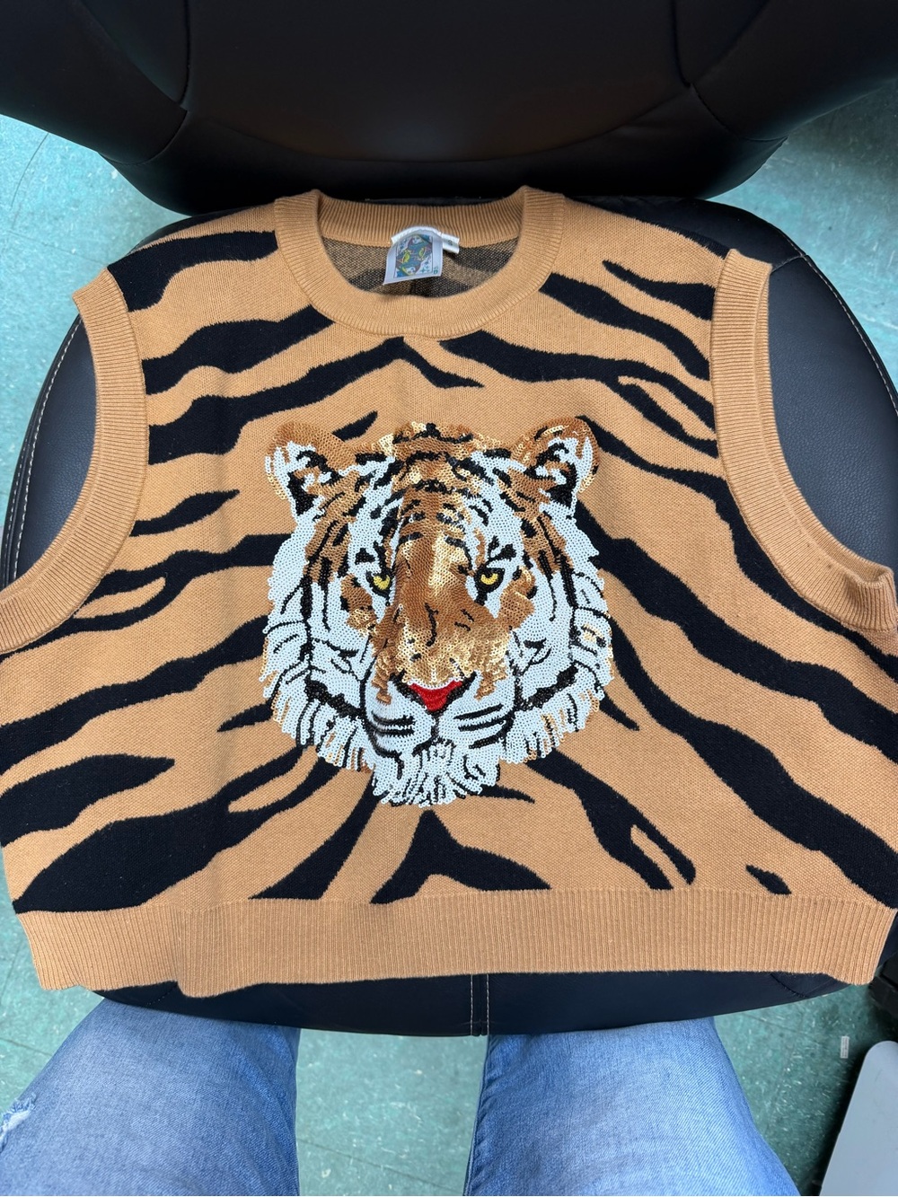 QUEEN OF SPARKLES Tan and Black Tiger Intarsia Knit Sleeveless Sweater Vest